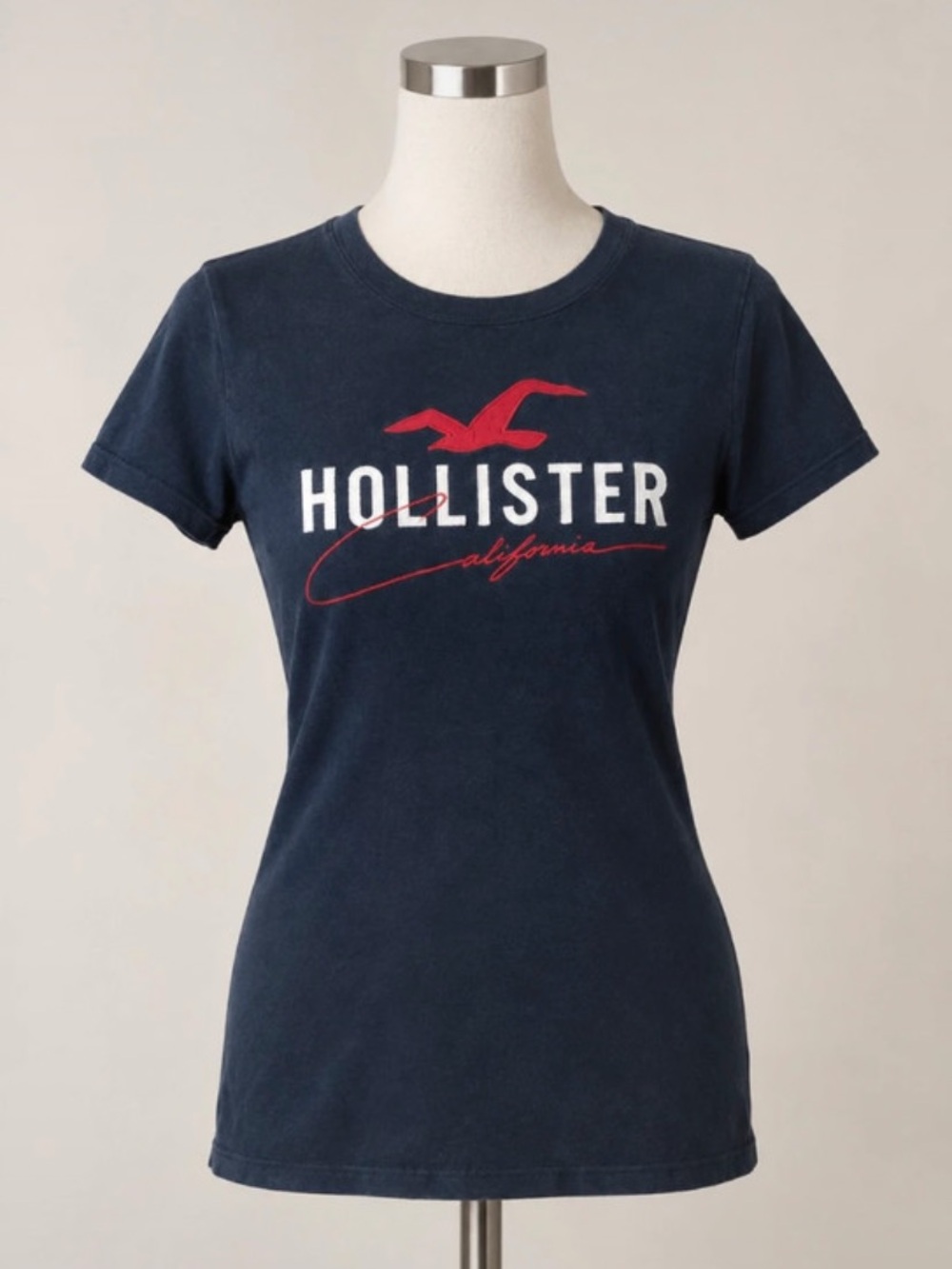 Hollister Navy Tee with Red and White Logo